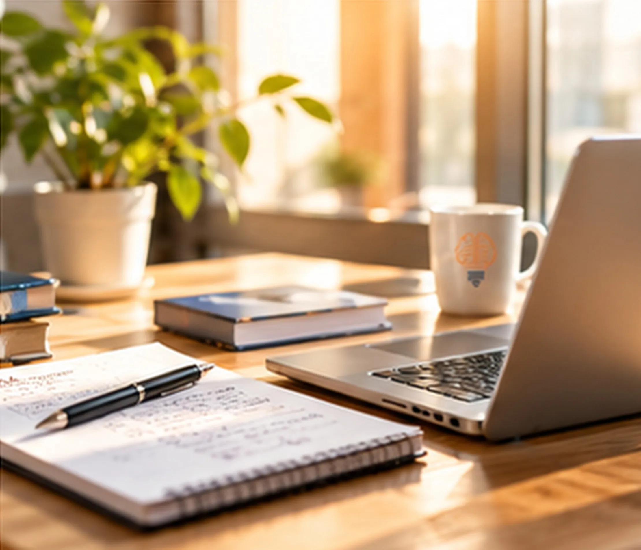 Lernplatz mit Laptop, Notizbuch und Tasse im Sonnenlicht